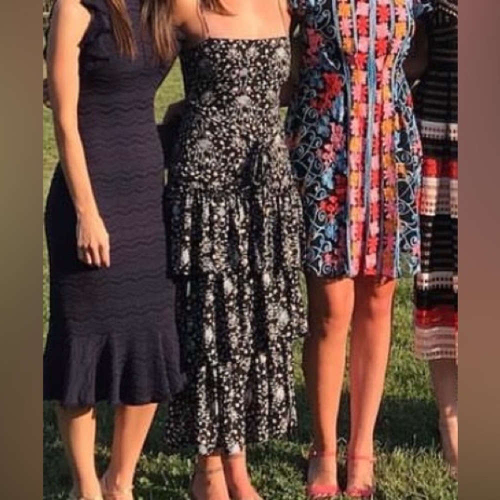 Likely Black Floral Midi Dress with Pink and Blue Accents